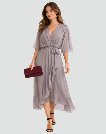 Vestido de Invitada de Boda Midi Formal Fluido con Volantes