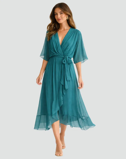 Vestido de Invitada de Boda Midi Formal Fluido con Volantes