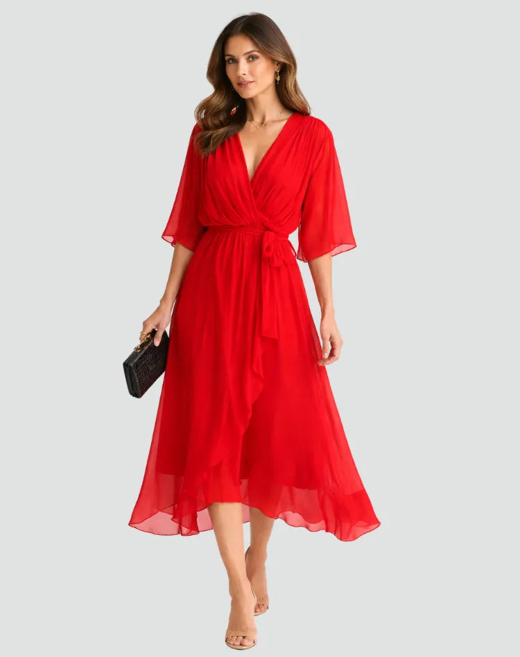 Vestido de Invitada de Boda Midi Formal Fluido con Volantes