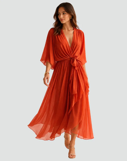 Vestido de Invitada de Boda Midi Formal Fluido con Volantes