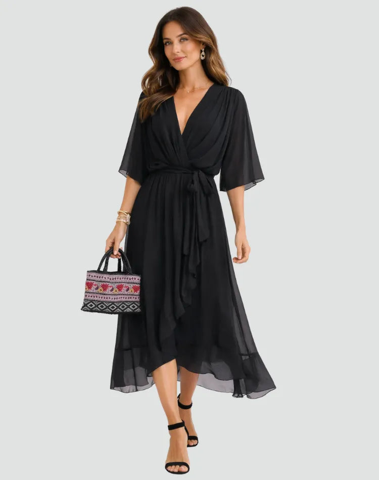 Vestido de Invitada de Boda Midi Formal Fluido con Volantes