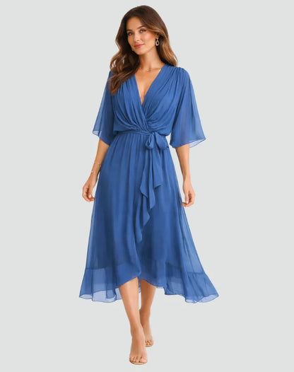 Vestido de Invitada de Boda Midi Formal Fluido con Volantes