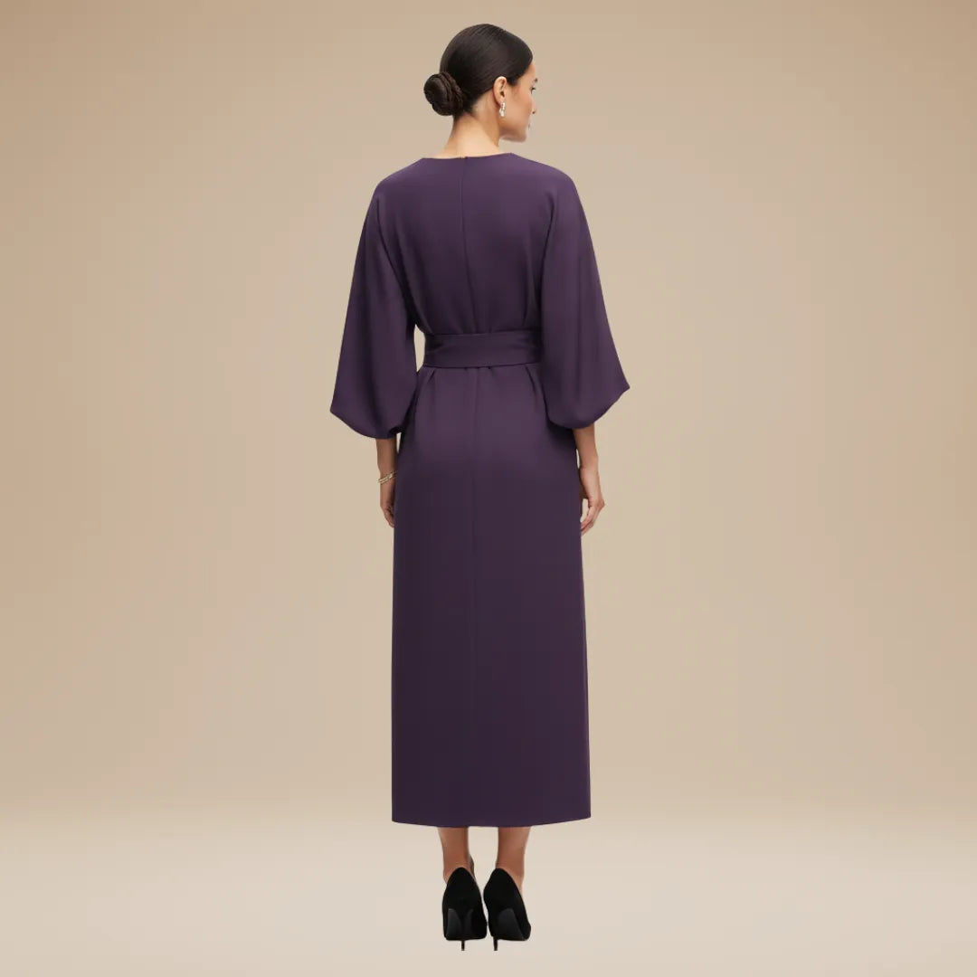 Vestido de Invitada de Boda Midi Manga Abullonada Elegante con Drapeado