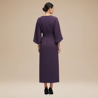 Vestido de Invitada de Boda Midi Manga Abullonada Elegante con Drapeado