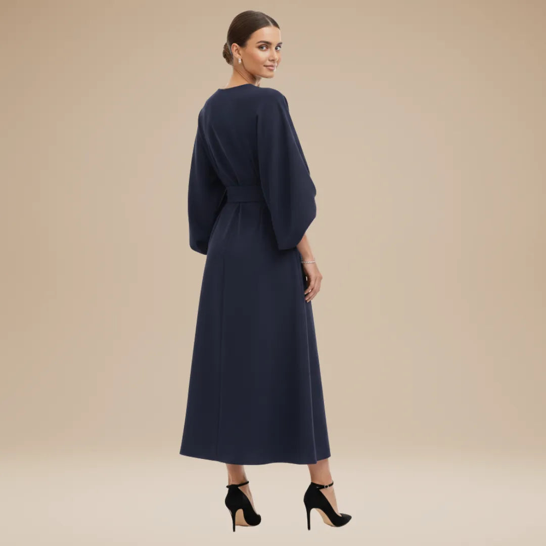 Vestido de Invitada de Boda Midi Manga Abullonada Elegante con Drapeado