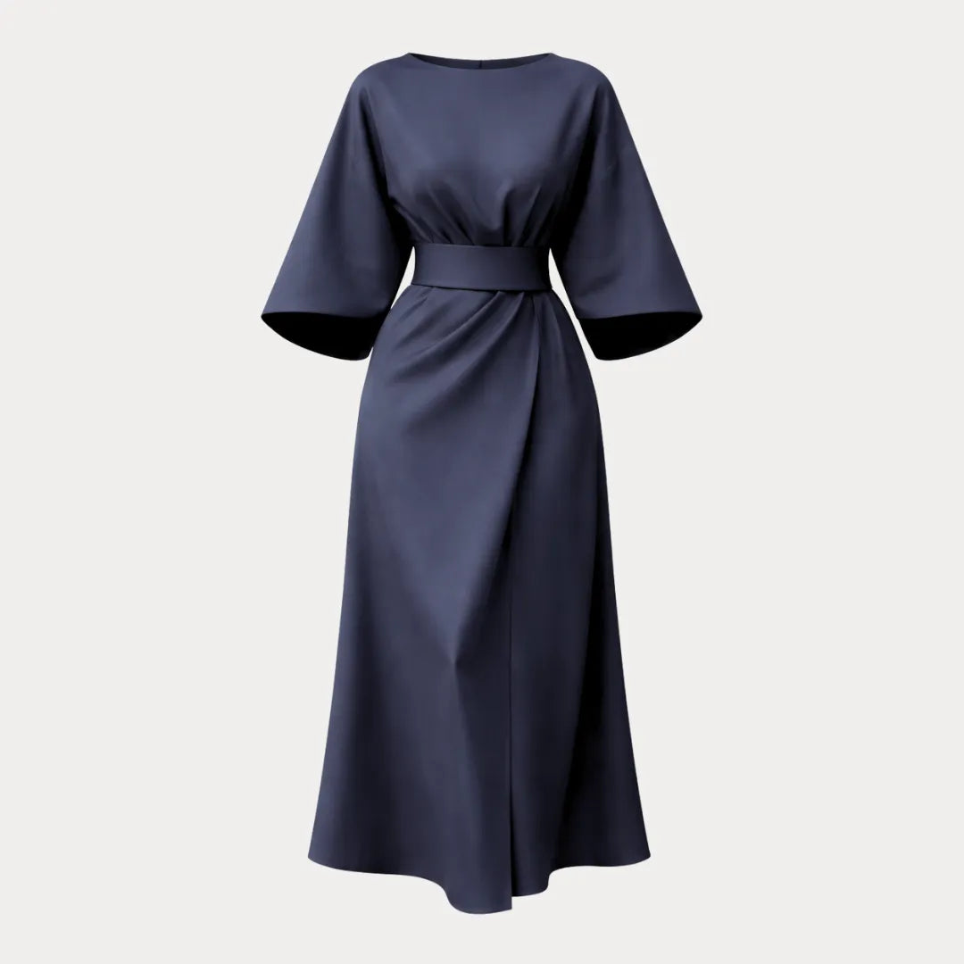 Vestido de Invitada de Boda Midi Manga Abullonada Elegante con Drapeado