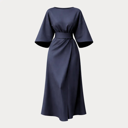 Vestido de Invitada de Boda Midi Manga Abullonada Elegante con Drapeado