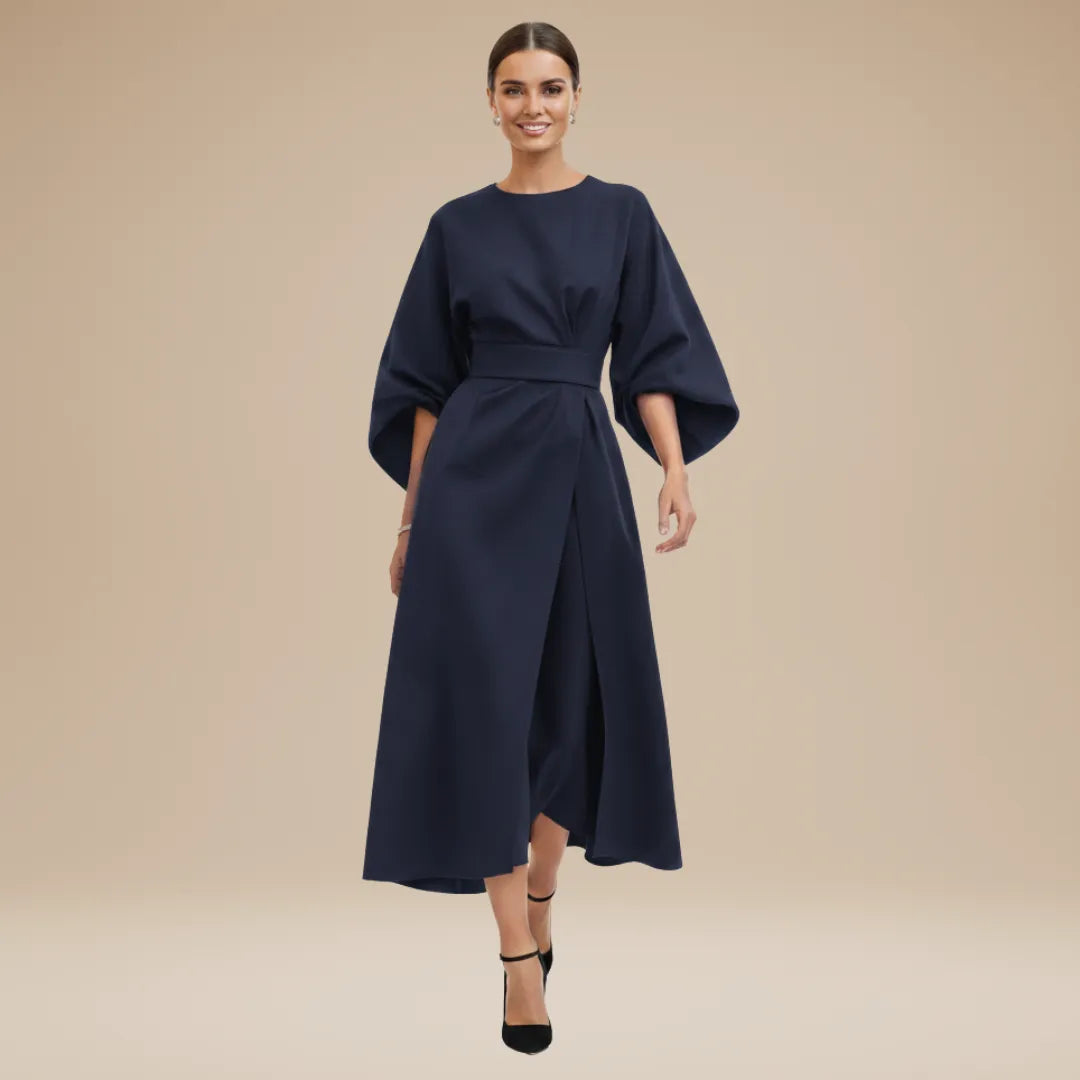 Vestido de Invitada de Boda Midi Manga Abullonada Elegante con Drapeado