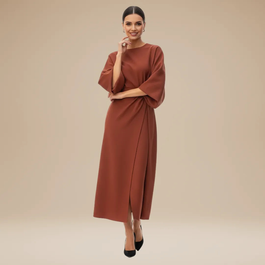 Vestido de Invitada de Boda Midi Manga Abullonada Elegante con Drapeado