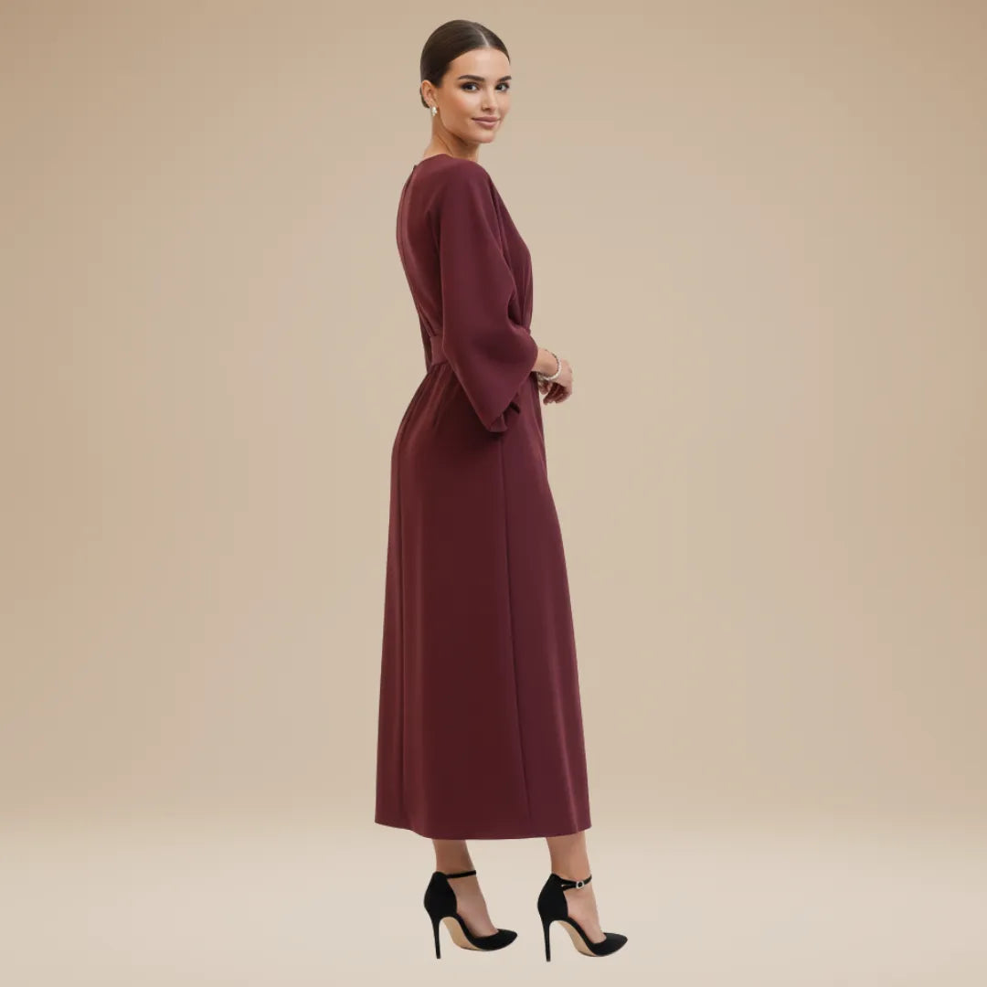 Vestido de Invitada de Boda Midi Manga Abullonada Elegante con Drapeado