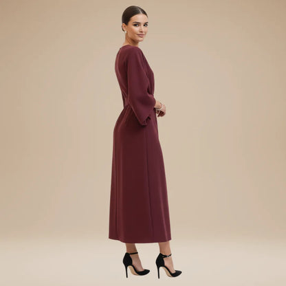 Vestido de Invitada de Boda Midi Manga Abullonada Elegante con Drapeado