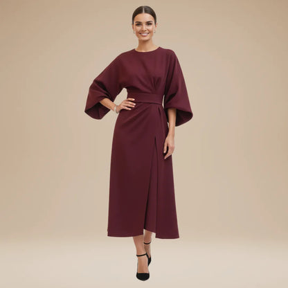 Vestido de Invitada de Boda Midi Manga Abullonada Elegante con Drapeado