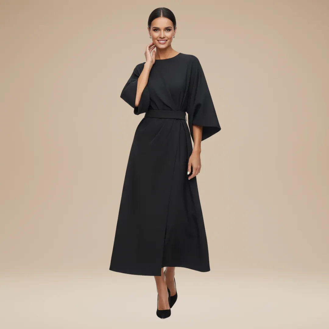 Vestido de Invitada de Boda Midi Manga Abullonada Elegante con Drapeado