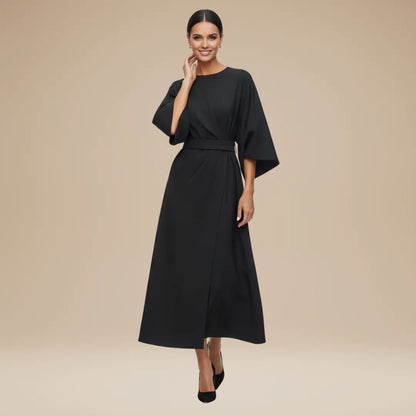 Vestido de Invitada de Boda Midi Manga Abullonada Elegante con Drapeado