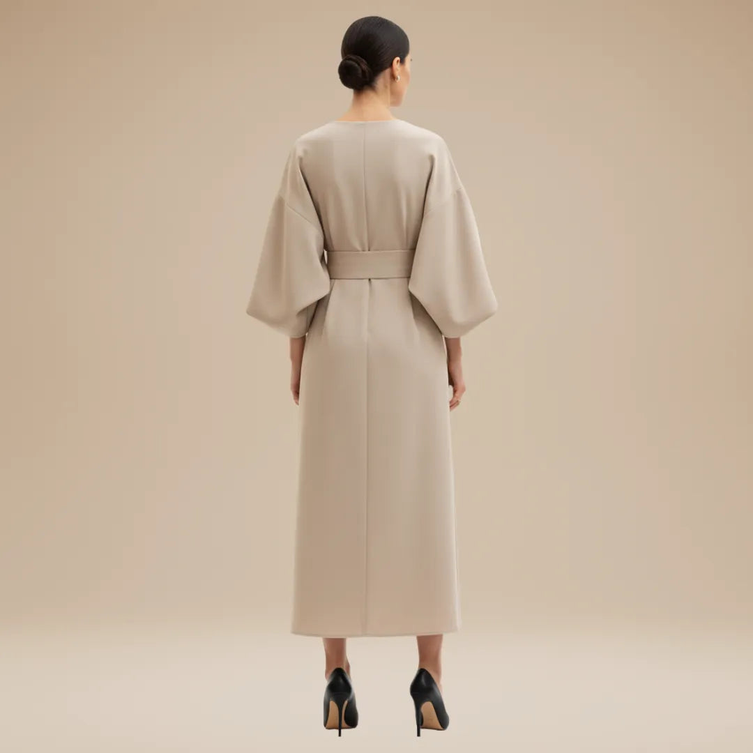 Vestido de Invitada de Boda Midi Manga Abullonada Elegante con Drapeado
