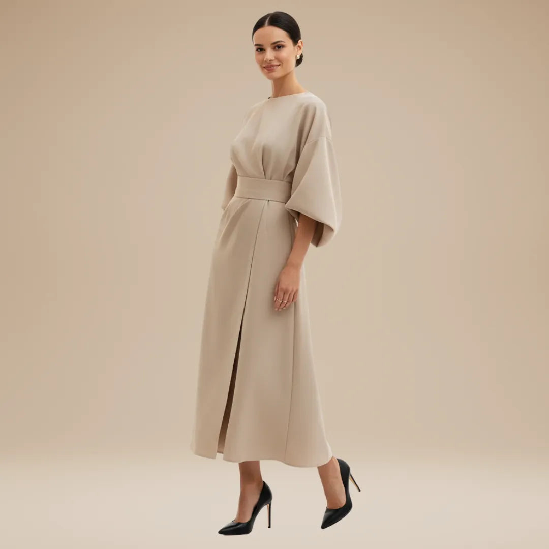 Vestido de Invitada de Boda Midi Manga Abullonada Elegante con Drapeado
