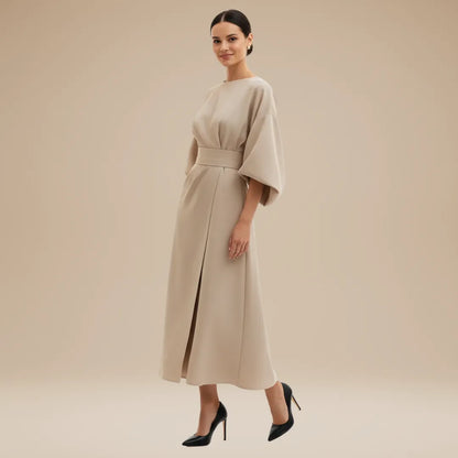 Vestido de Invitada de Boda Midi Manga Abullonada Elegante con Drapeado