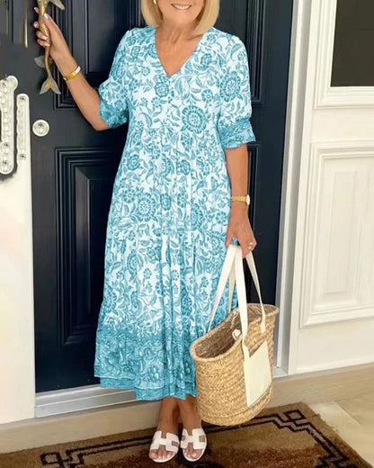 Vestido de Invitada de Boda Midi Verano Flores con Manga Corta