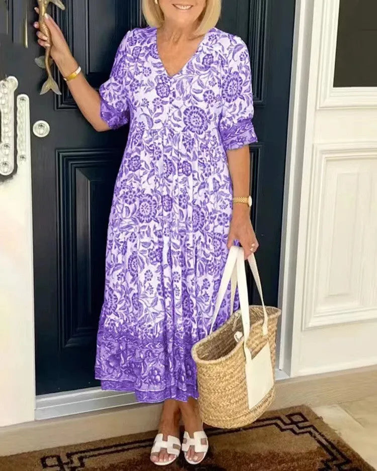 Vestido de Invitada de Boda Midi Verano Flores con Manga Corta