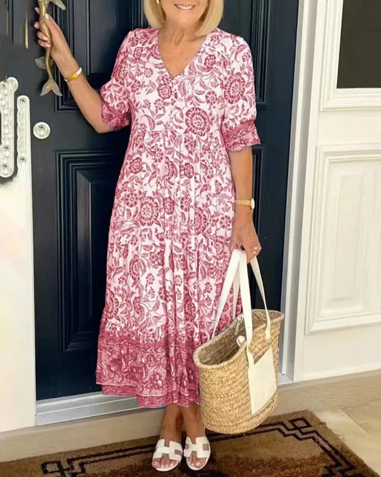 Vestido de Invitada de Boda Midi Verano Flores con Manga Corta
