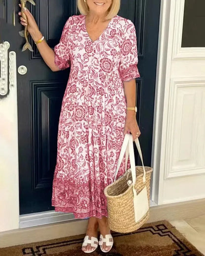 Vestido de Invitada de Boda Midi Verano Flores con Manga Corta