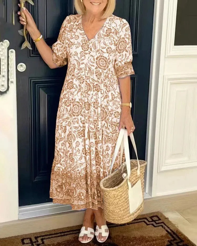 Vestido de Invitada de Boda Midi Verano Flores con Manga Corta