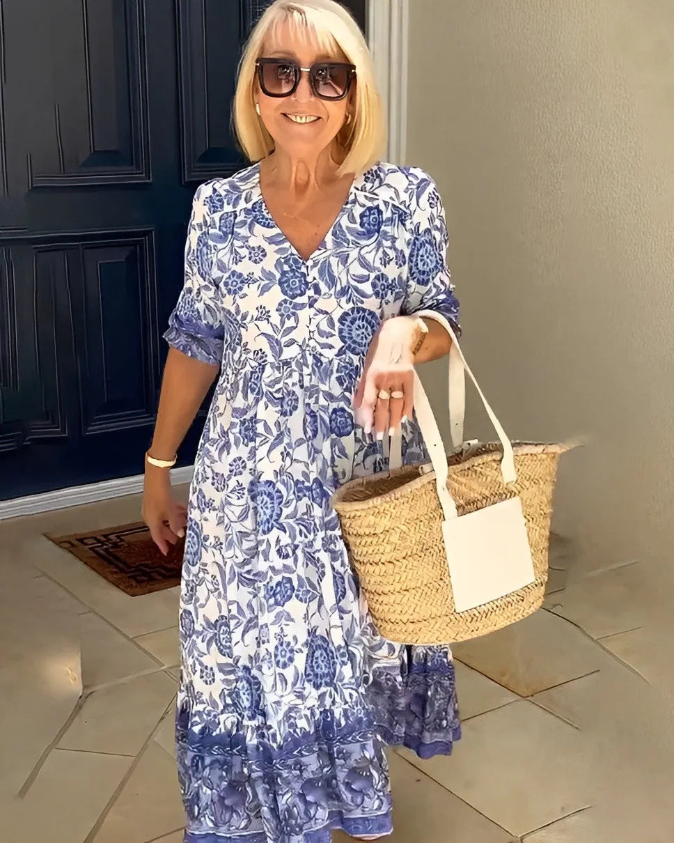 Vestido de Invitada de Boda Midi Verano Flores con Manga Corta