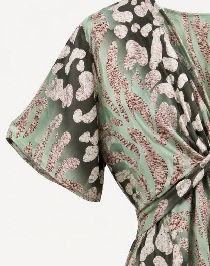 Vestido de Invitada de Boda Midi Verde Estampado con Fruncido