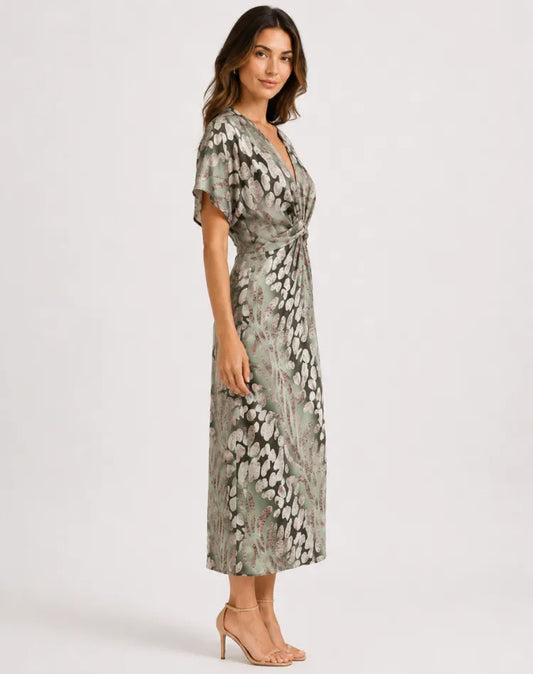 Vestido de Invitada de Boda Midi Verde Estampado con Fruncido