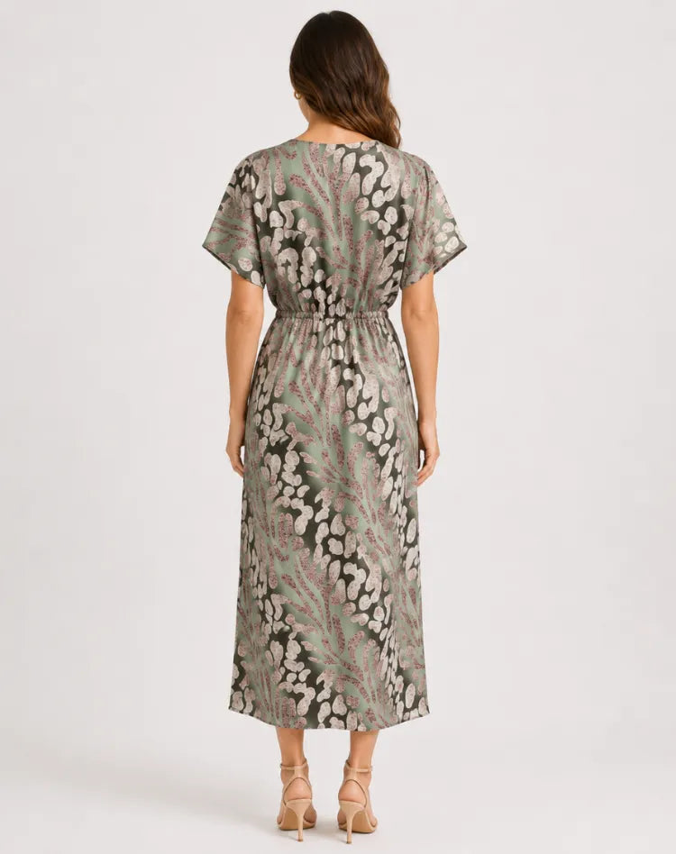 Vestido de Invitada de Boda Midi Verde Estampado con Fruncido