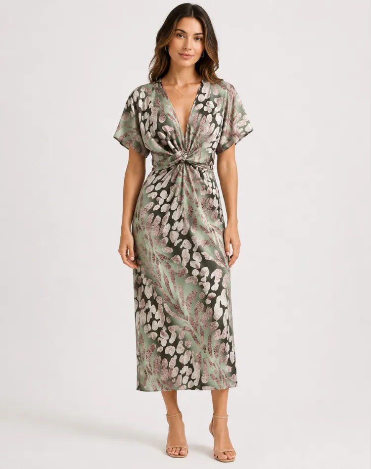 Vestido de Invitada de Boda Midi Verde Estampado con Fruncido