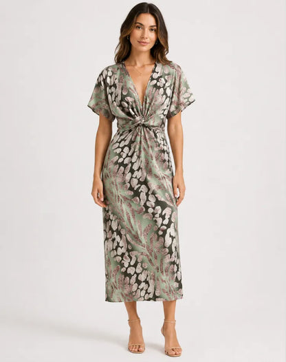 Vestido de Invitada de Boda Midi Verde Estampado con Fruncido