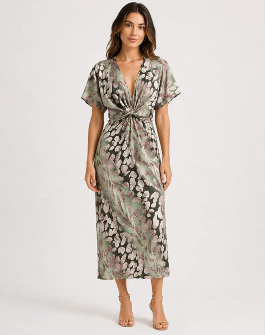 Vestido de Invitada de Boda Midi Verde Estampado con Fruncido