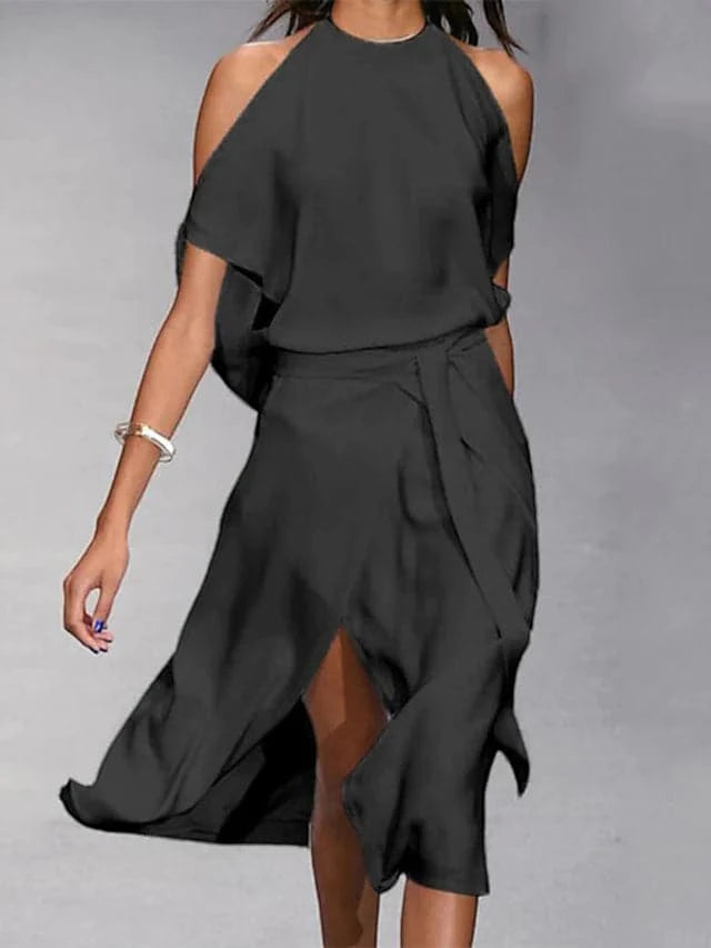 Vestido de Invitada de Boda Midi con Hombros Descubiertos Elegante