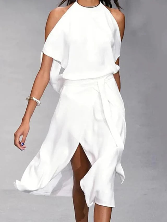 Vestido de Invitada de Boda Midi con Hombros Descubiertos Elegante