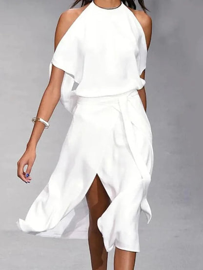 Vestido de Invitada de Boda Midi con Hombros Descubiertos Elegante