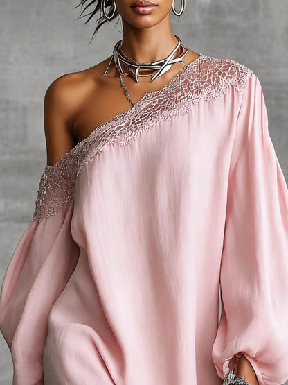 Vestido de Invitada de Boda Midi con Manga Abullonada y Asimétrico
