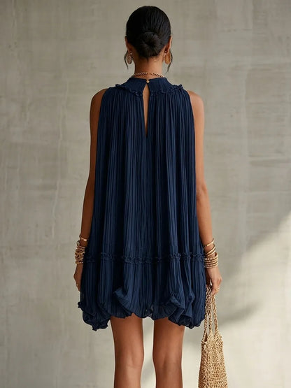 Vestido de Verano Corto Azul Elegante con Cuello Halter