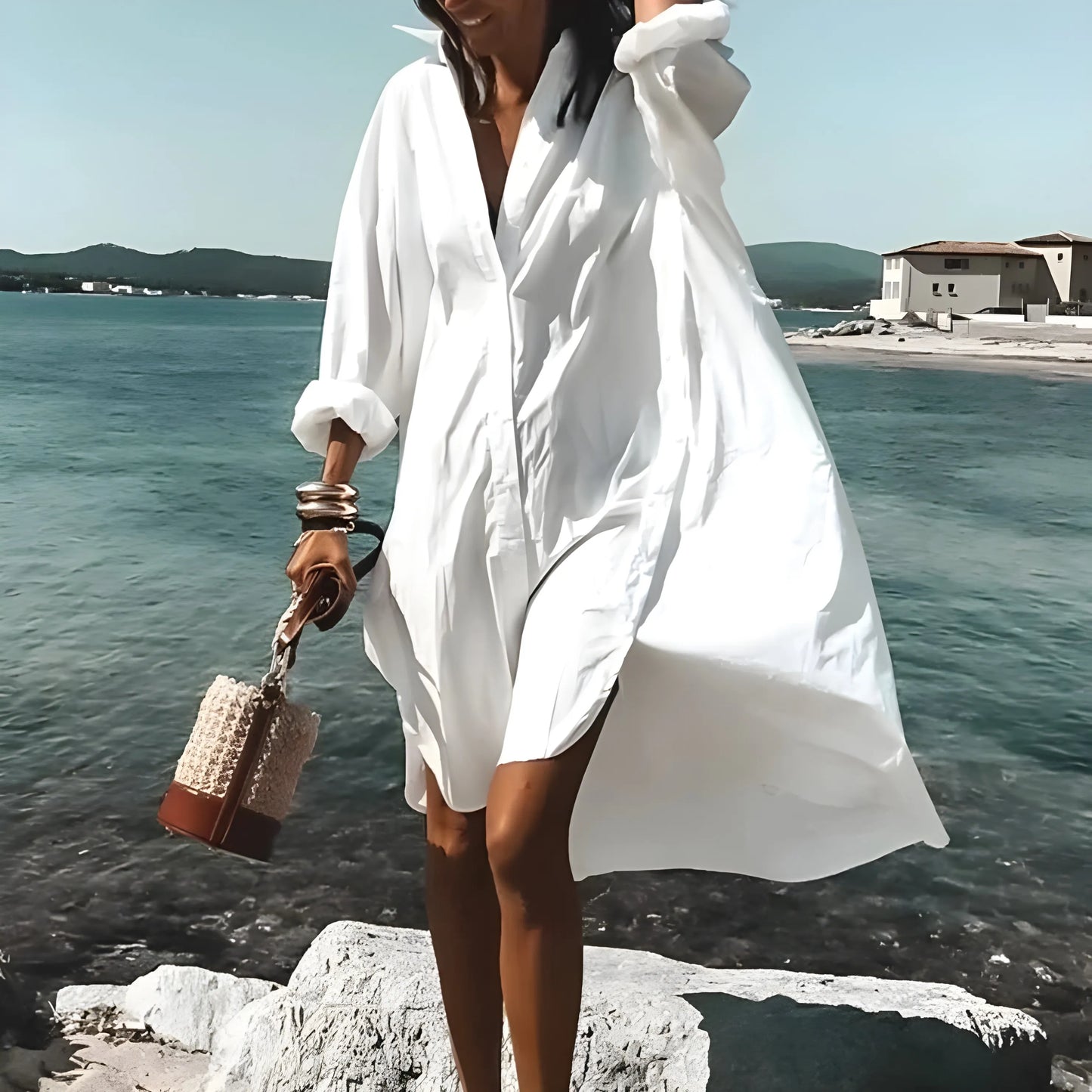 Vestido de Verano Corto Blanco Elegante con Manga Larga