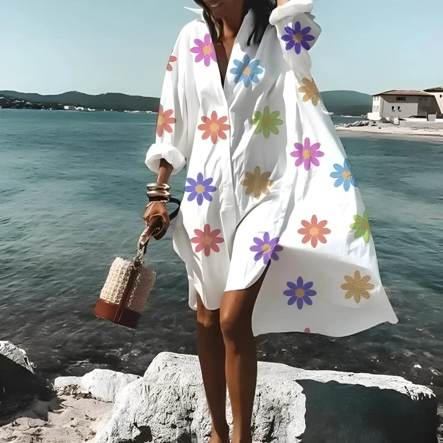 Vestido de Verano Corto Blanco Elegante con Manga Larga