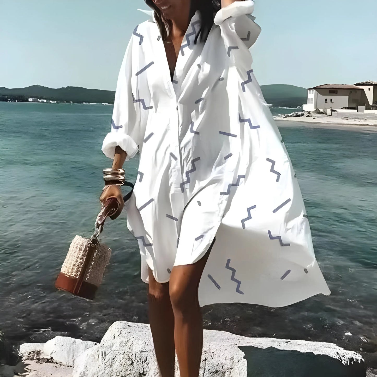 Vestido de Verano Corto Blanco Elegante con Manga Larga