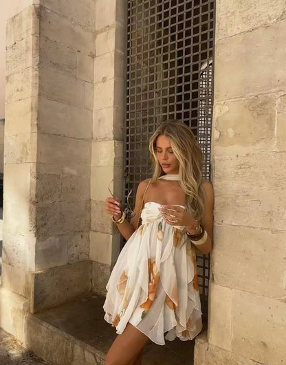 Vestido de Verano Corto Blanco con Flores