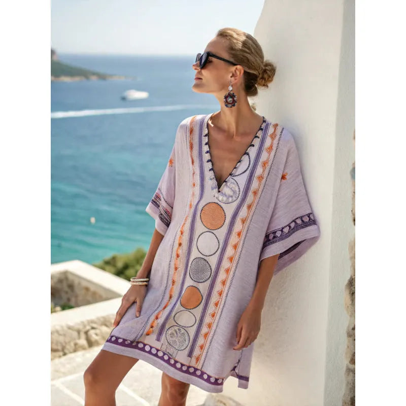 Vestido de Verano Corto Boho Elegante con Escote en V