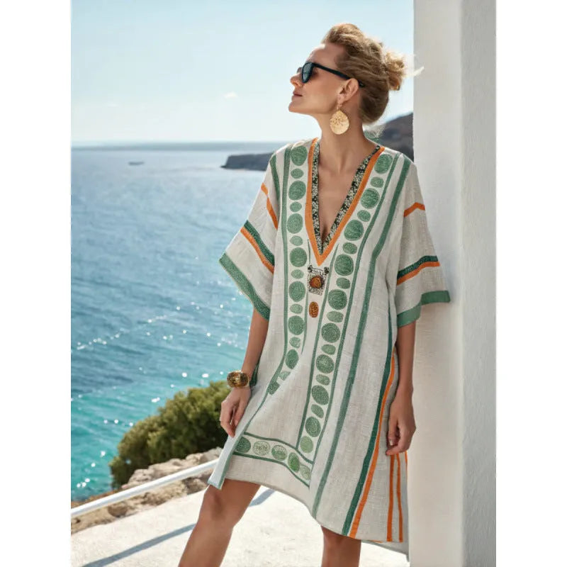 Vestido de Verano Corto Boho Elegante con Escote en V