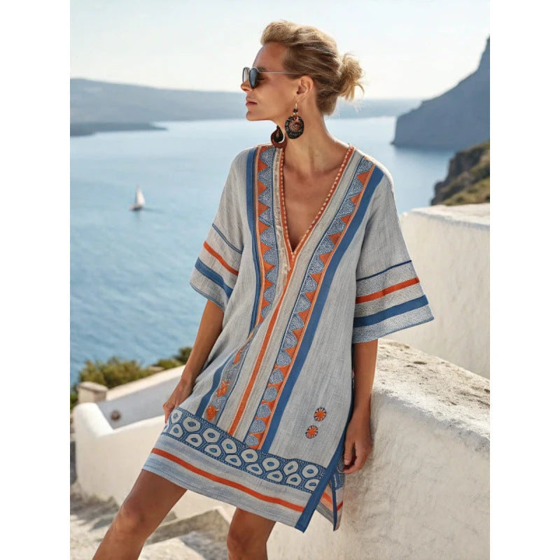 Vestido de Verano Corto Boho con Escote en V y Estampado