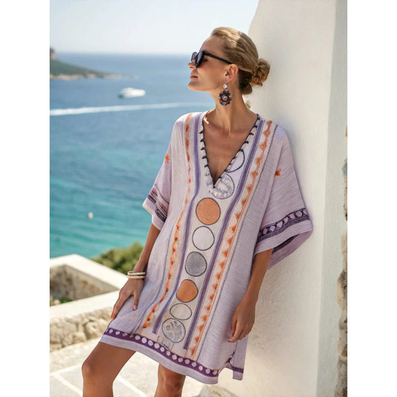 Vestido de Verano Corto Boho con Escote en V y Estampado