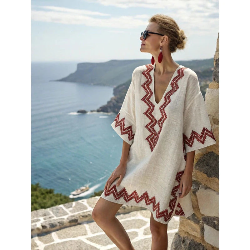 Vestido de Verano Corto Boho con Escote en V y Estampado