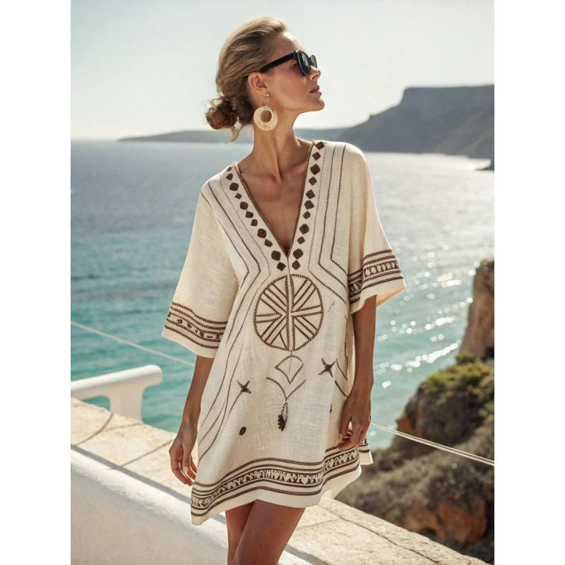 Vestido de Verano Corto Boho con Escote en V y Estampado