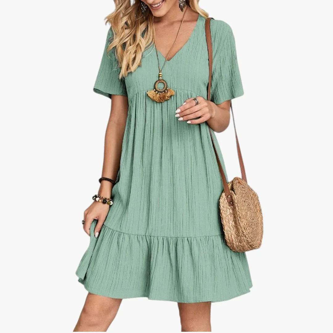 Vestido de Verano Corto Casual Boho con Volantes y Escote en V