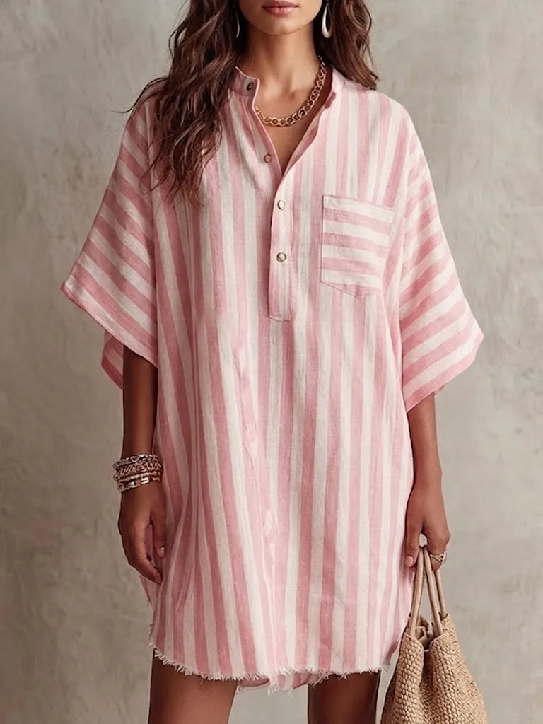 Vestido de Verano Corto Casual a Rayas Botones con Manga Corta